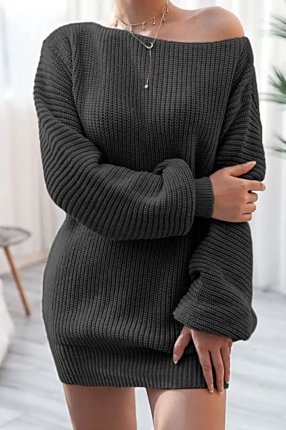 Boat Neck Long Sleeve Mini Sweater Dress -