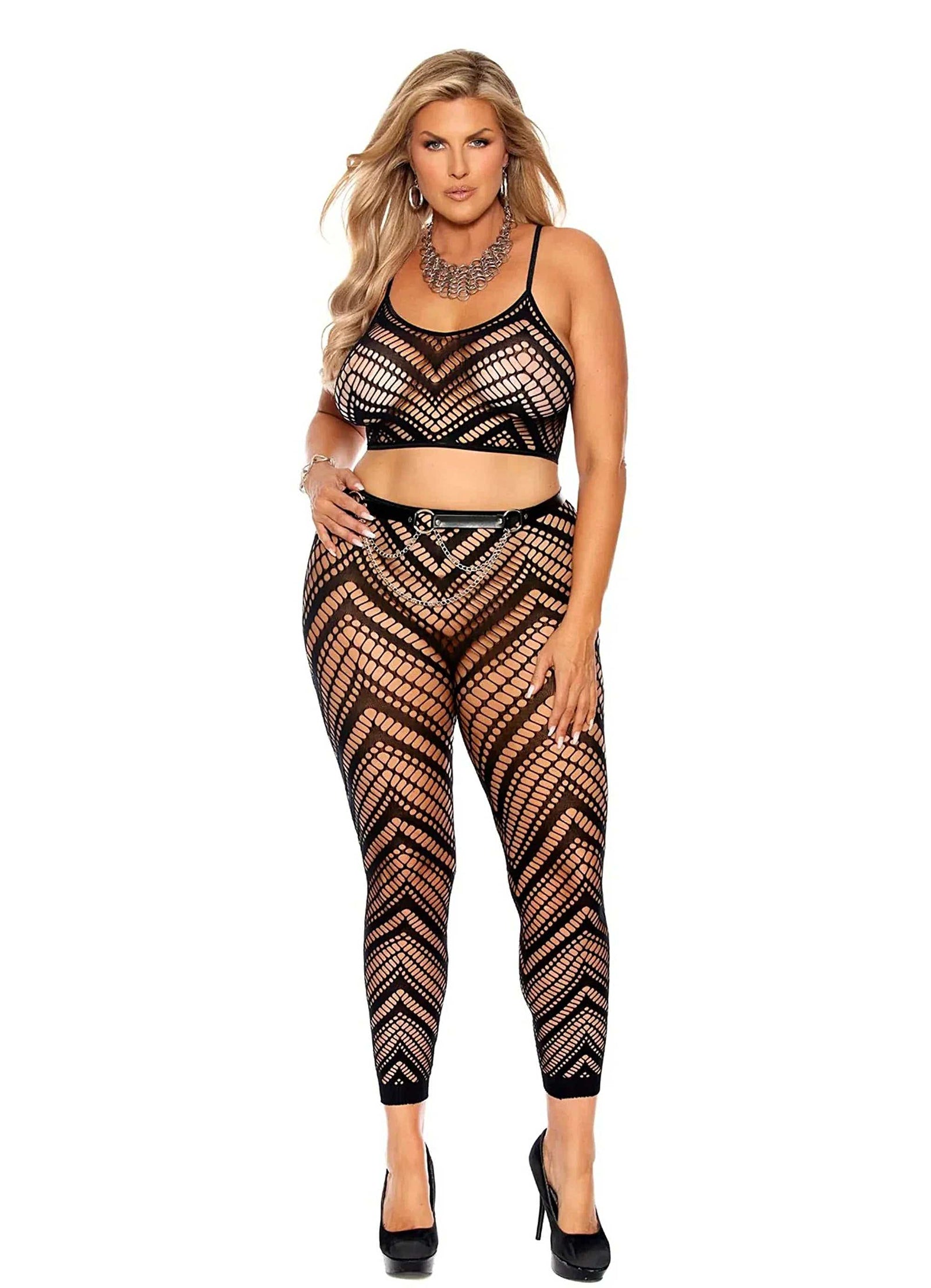 Elegant Moments Zig Zag Crochet Top and Leggings Set - Black, Plus Size Available Elegant Moments