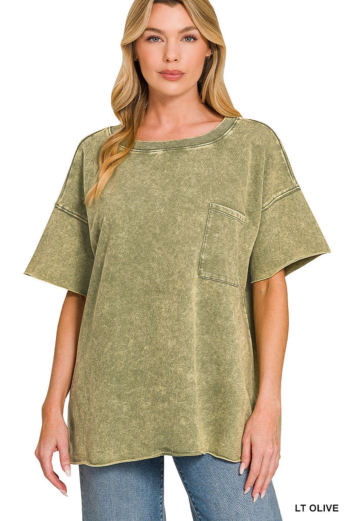 Zenana French Terry Washed Drop Shoulder Raw Edge Top -