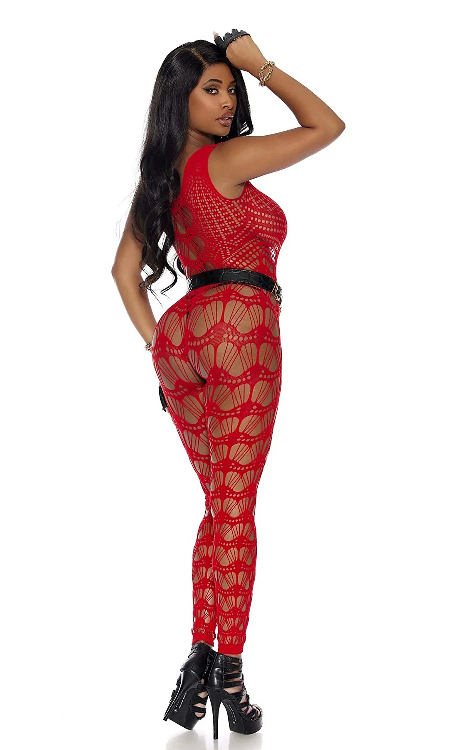 Elegant Moments Crochet Bodystocking With Open Crotch - Provocative Black & Red Design Elegant Moments