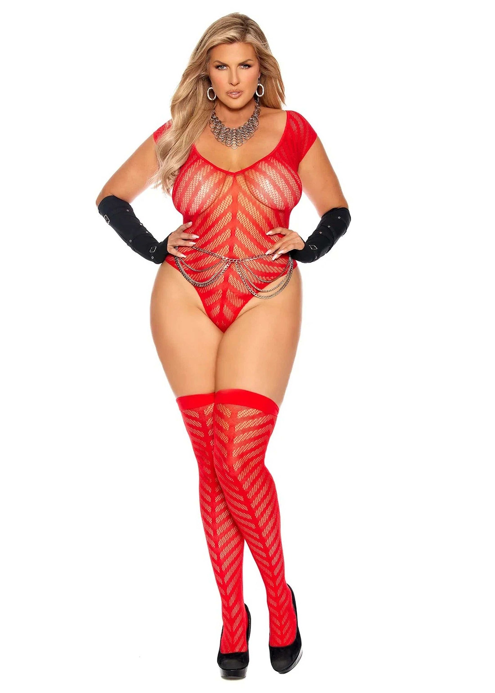 Ravishing Chevron Striped Crochet Deep V Matching Teddy and Stockings Set - Plus Size Available Elegant Moments
