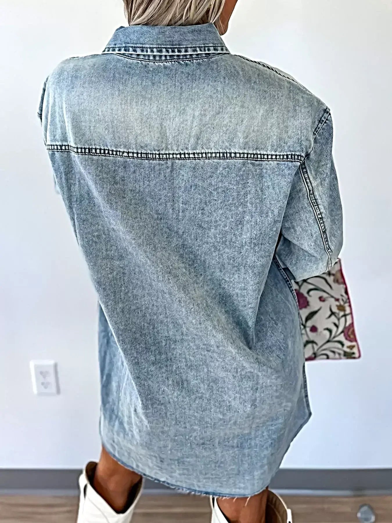 Chest Pocket Raw Hem Denim Loose Shirt Dress -
