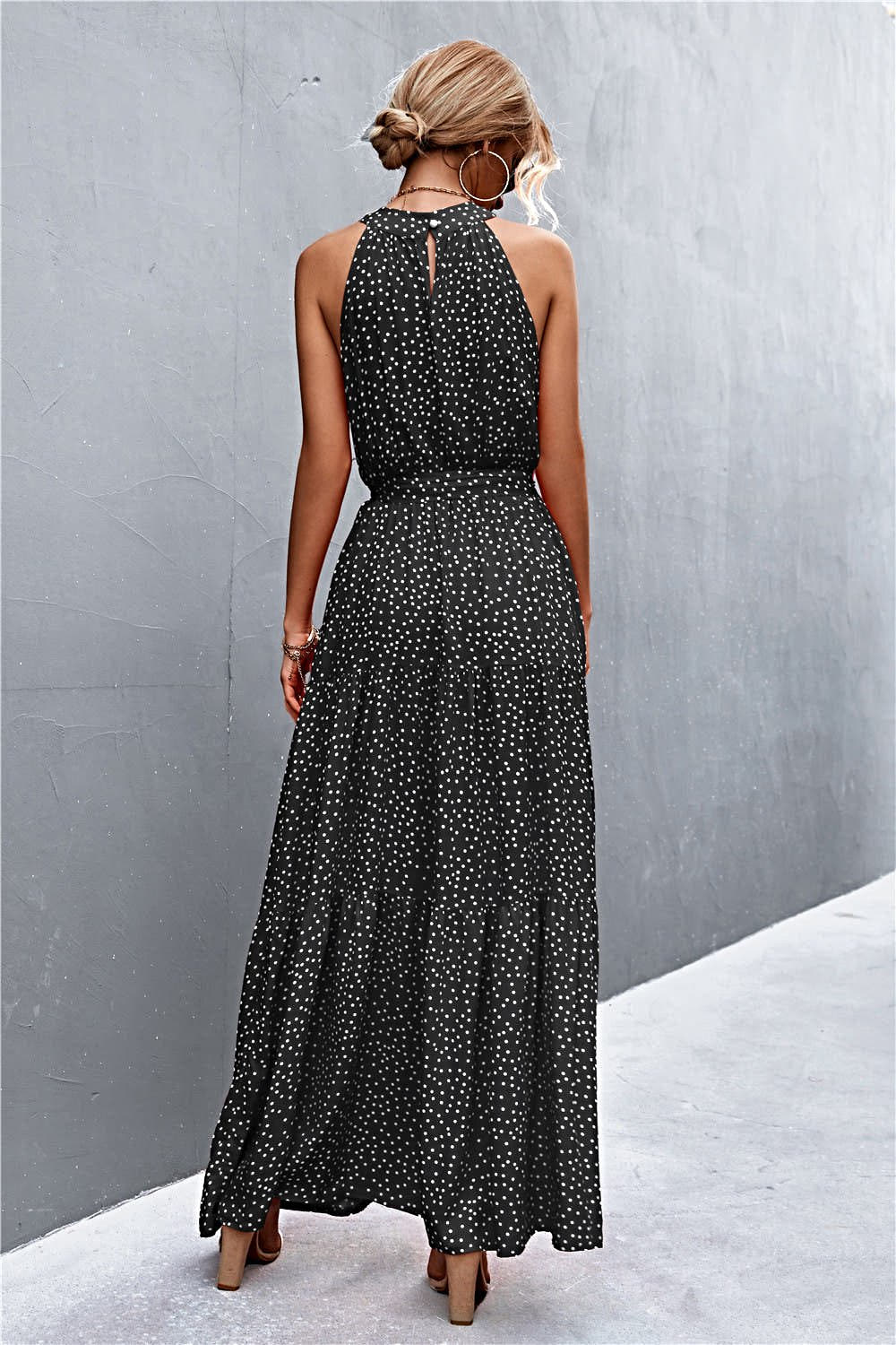 Grecian Printed Tie Waist Maxi Dress with Sleeveless Design and Polka Dot Floral Pattern Trendsi