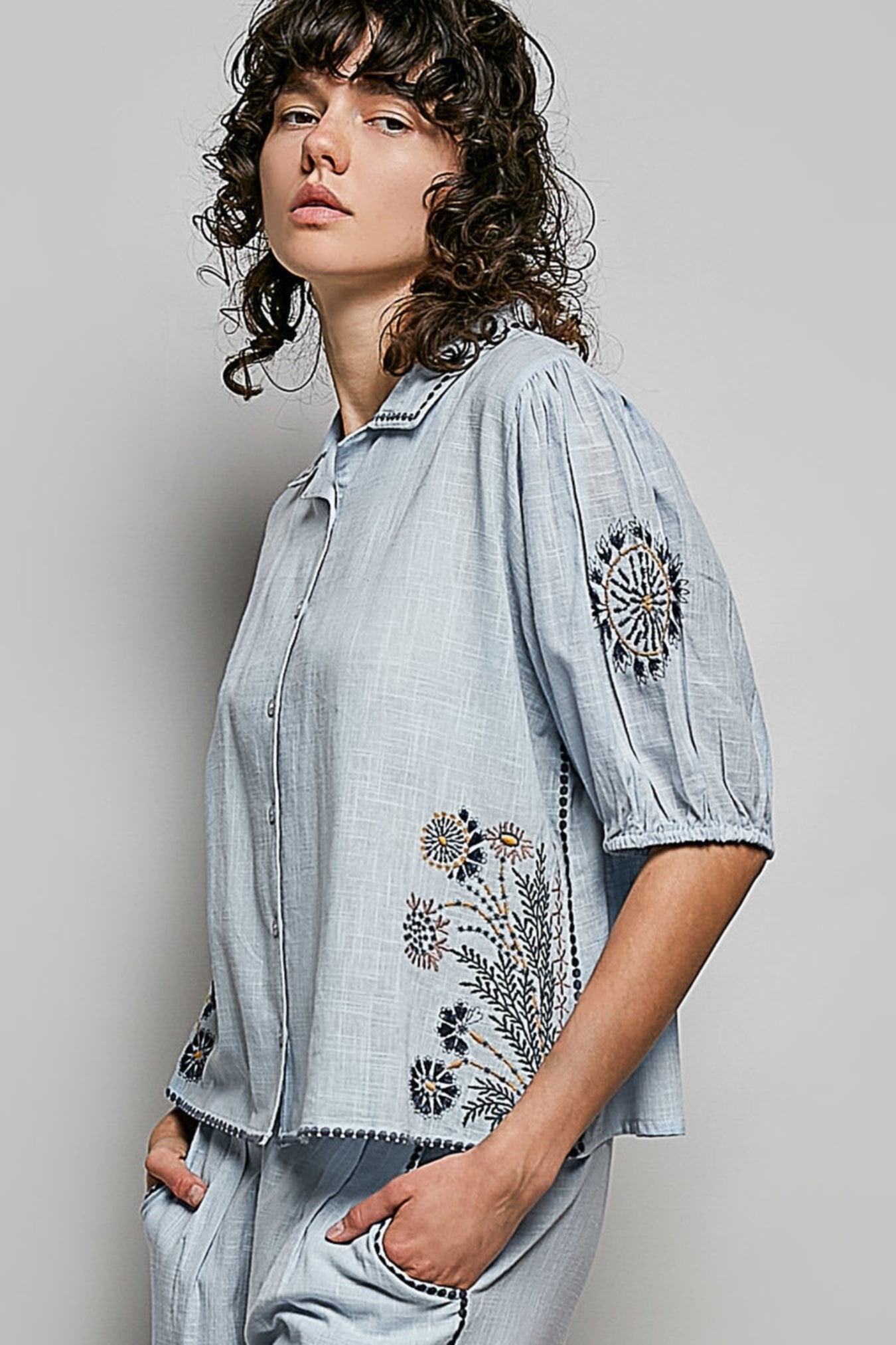 POL Button Down Embroidered Floral Short Sleeve Shirt -