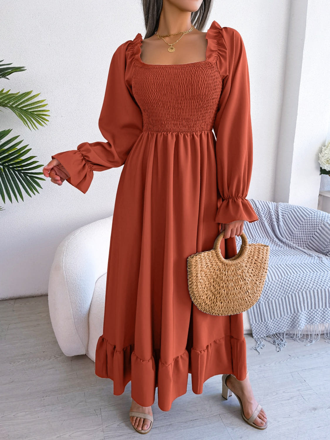 Smocked Square Neck Flounce Sleeve Dress -