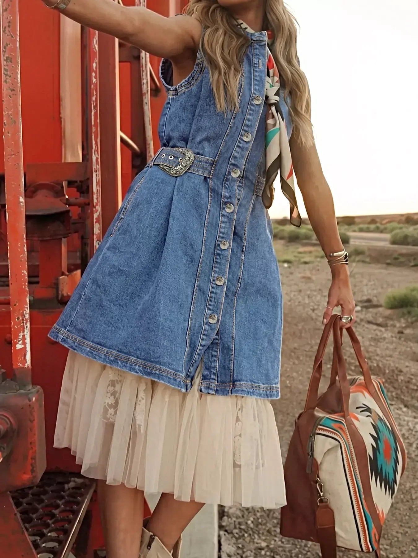 Western Belt Button Down Sleeveless Denim Short Dress -