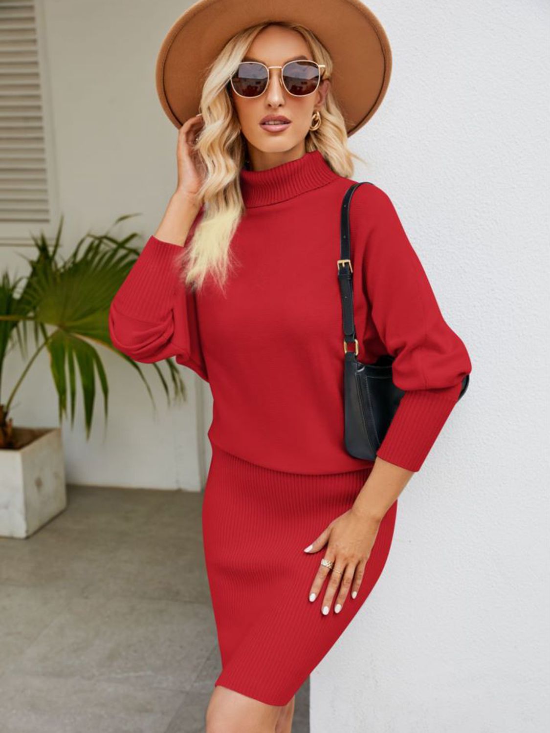 Turtle Neck Long Sleeve Ribbed Sweater Dress -