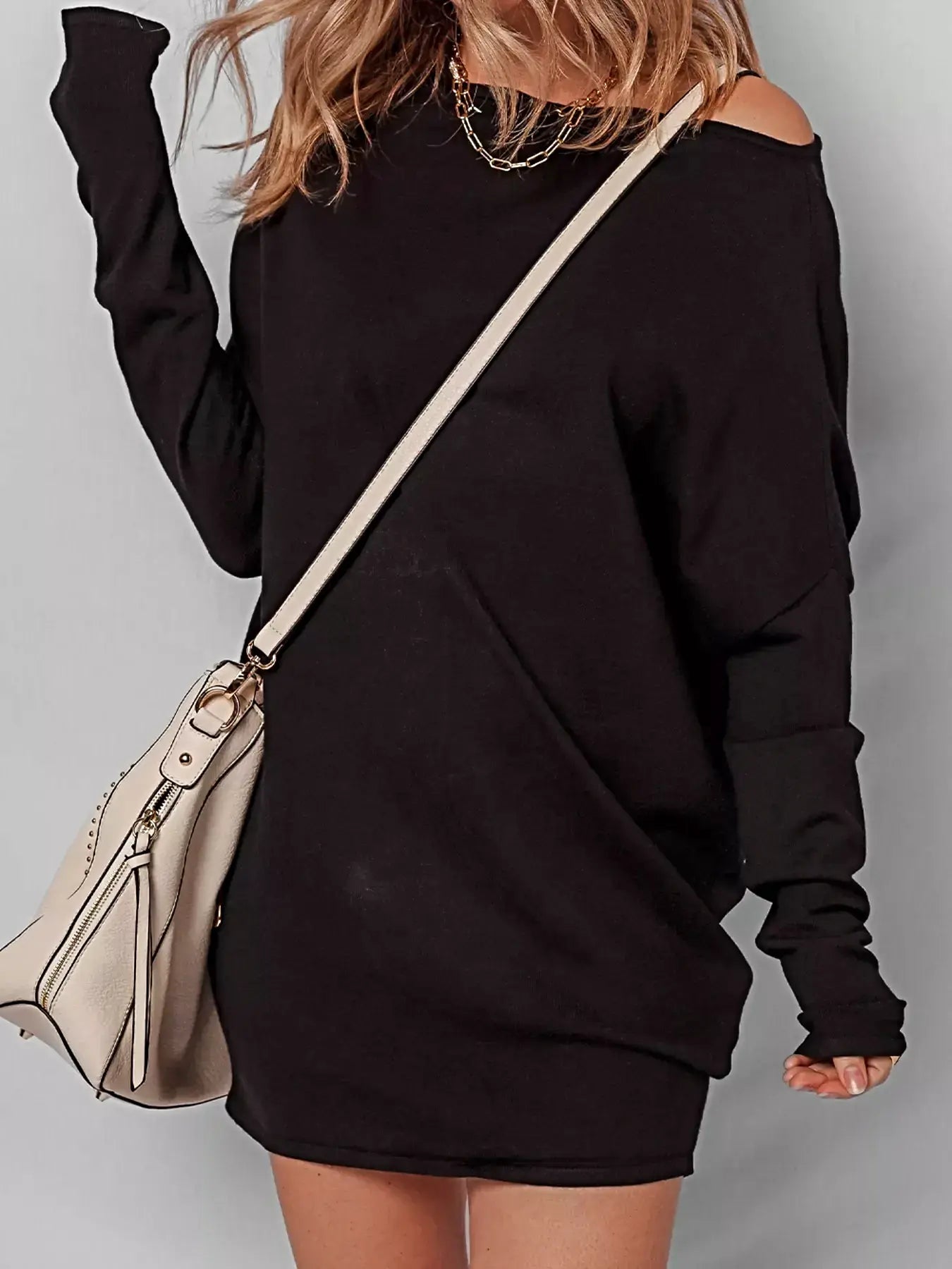 Asymmetric Neck Batwing Sleeve Shift Mini Sweater Dress -