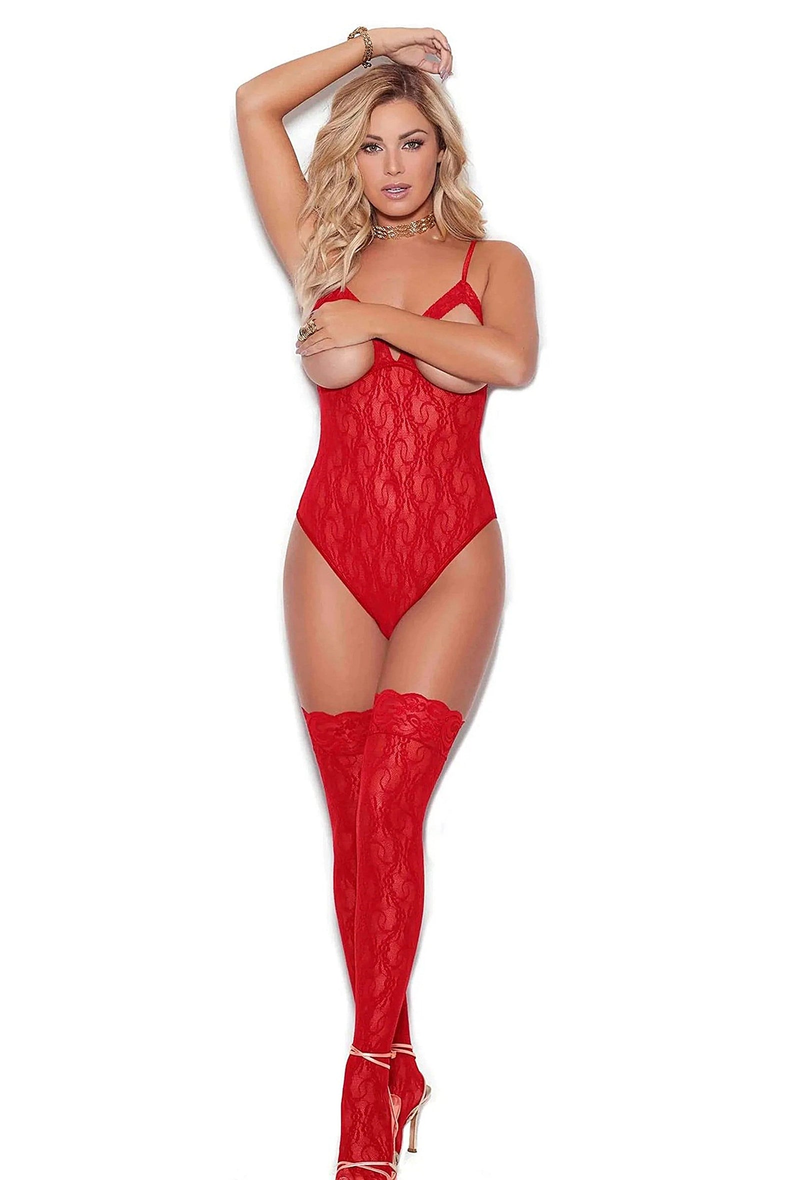 Elegant Moments Red Cupless Lace Teddy with Matching Thigh Highs - Stunning Lingerie Set Elegant Moments