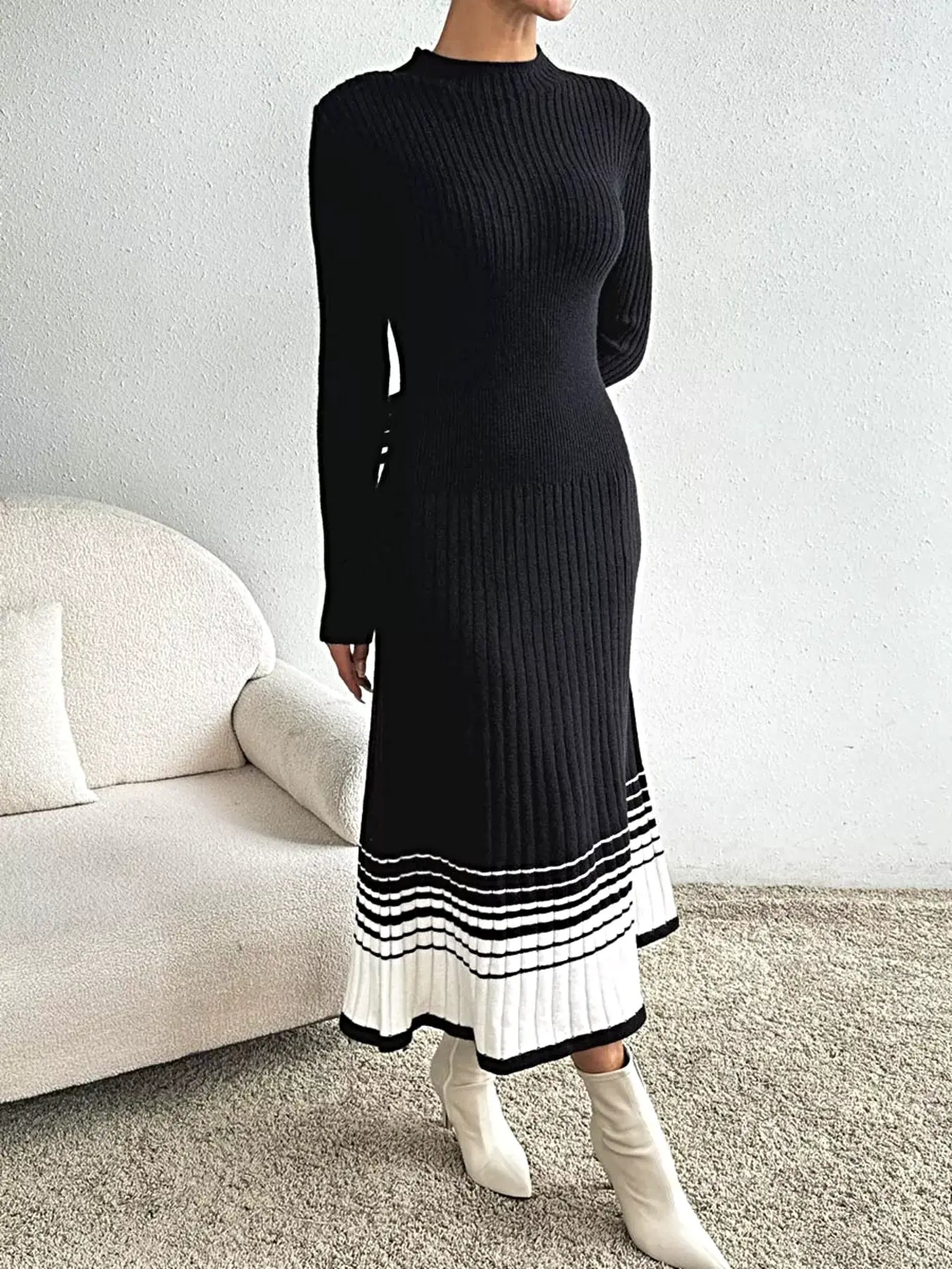 Ribbed Knit Sweater Dress with Striped Hem -