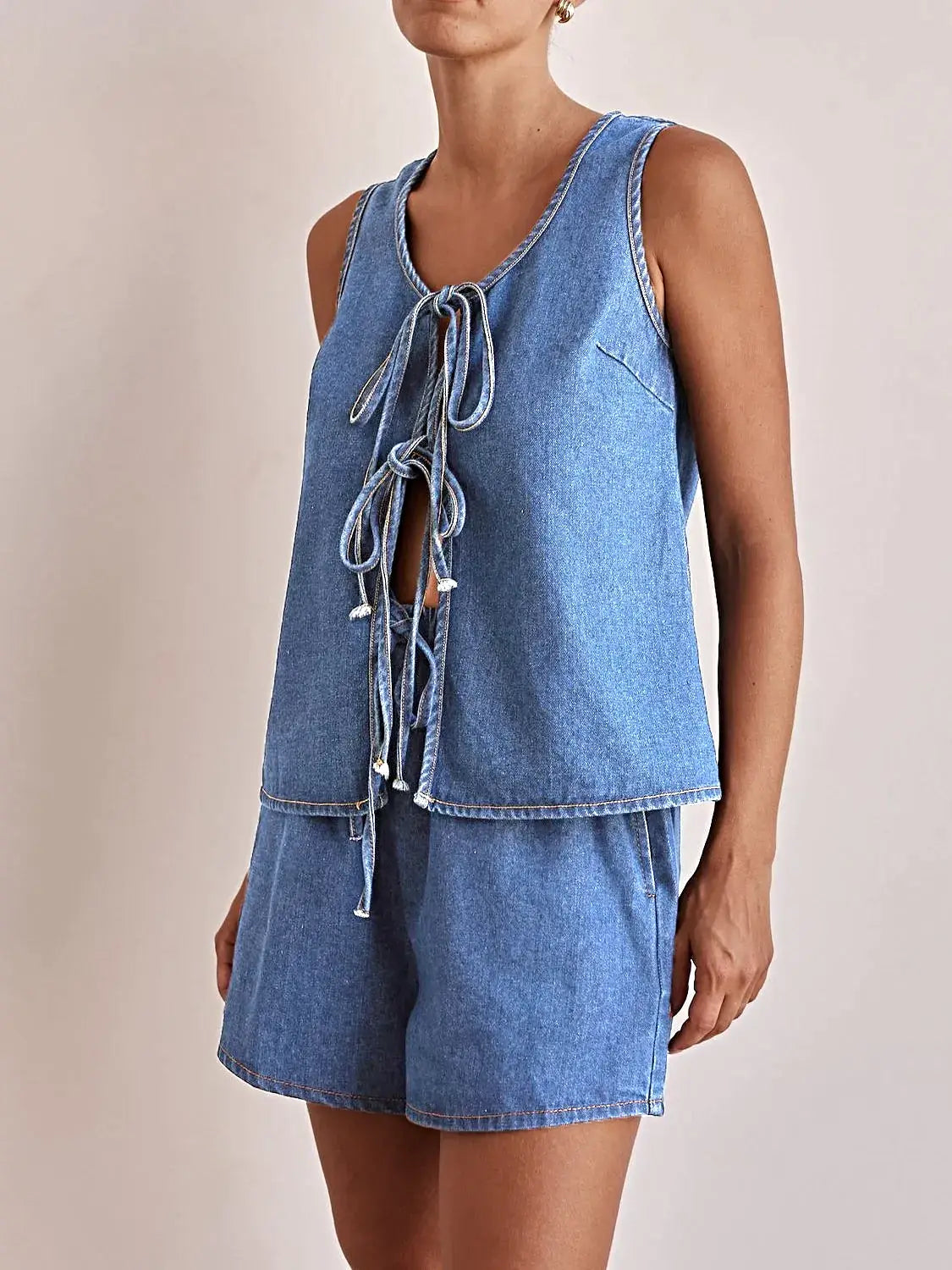 Tie Front Vest and Shorts Denim Set -