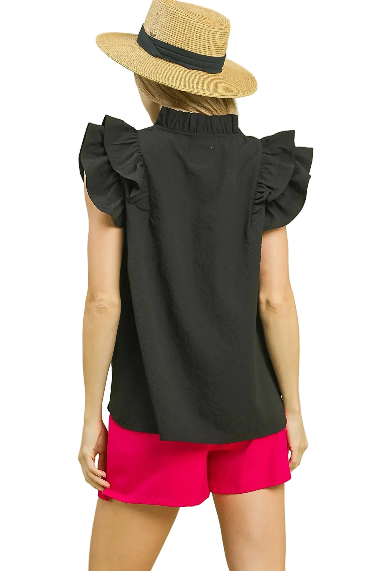 Umgee Textured Ruffle Sleeve V-Neck Blouse -