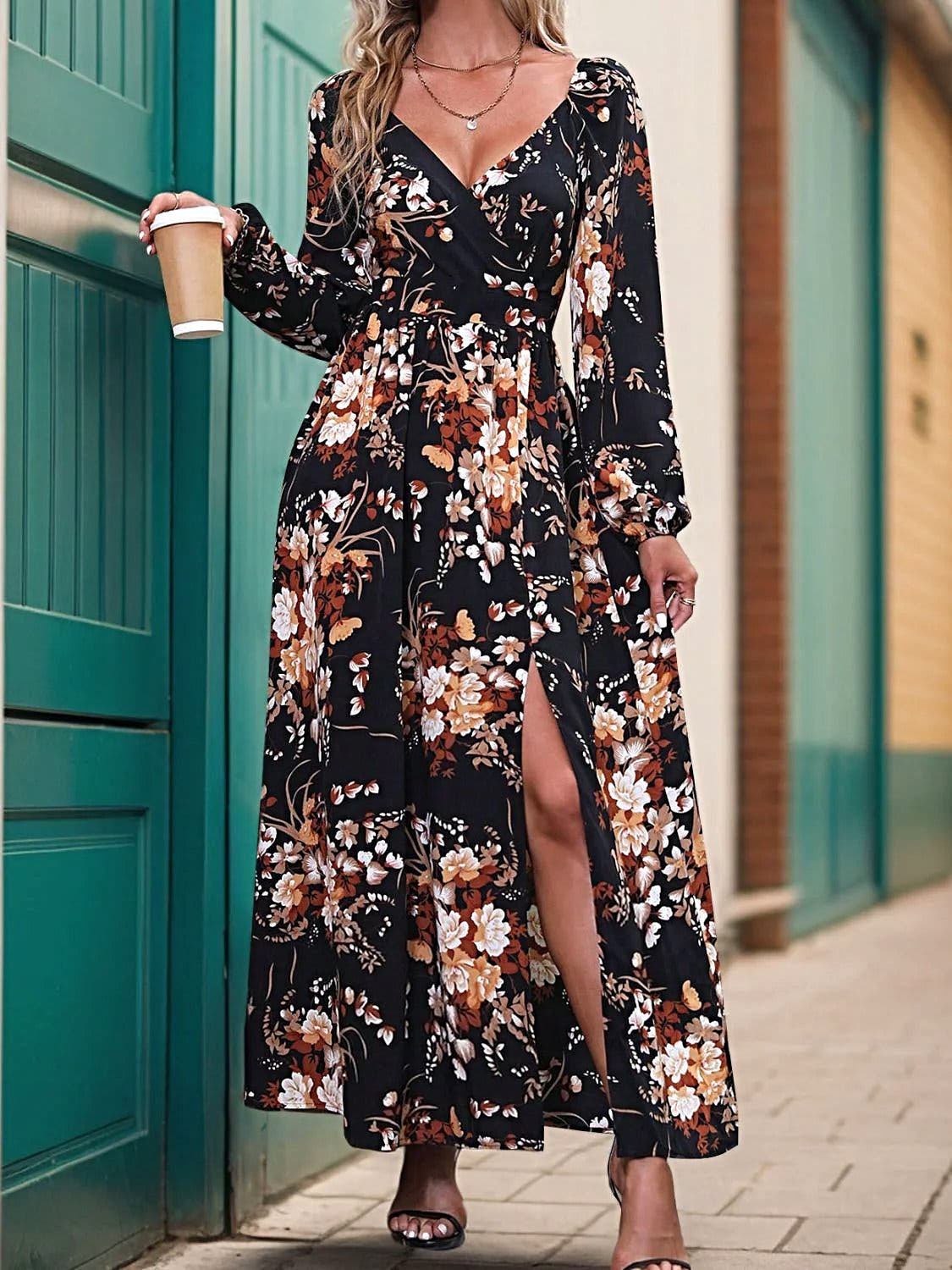 Perfee Elegant 100% Polyester Maxi Dress With Slit - Long Sleeve Surplice Design Trendsi