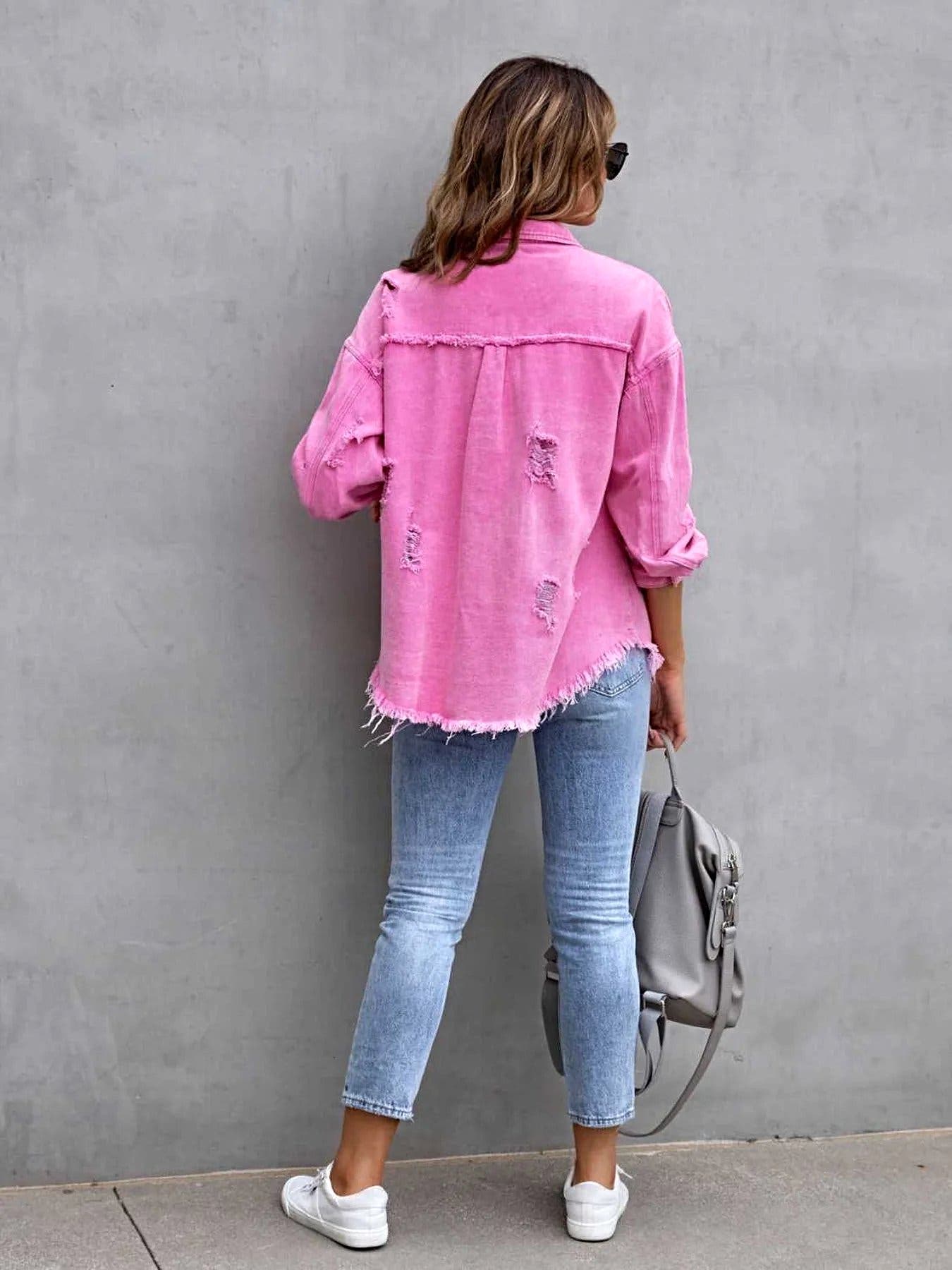 Distressed Drop Shoulder Denim Jacket -