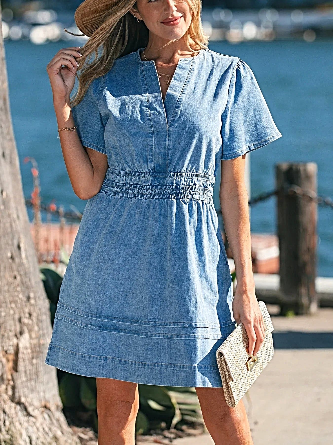 Notched Short Sleeve Denim Dress -