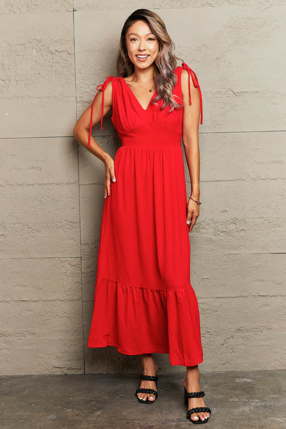 Perfee Drawstring V-Neck Sleeveless Dress Trendsi