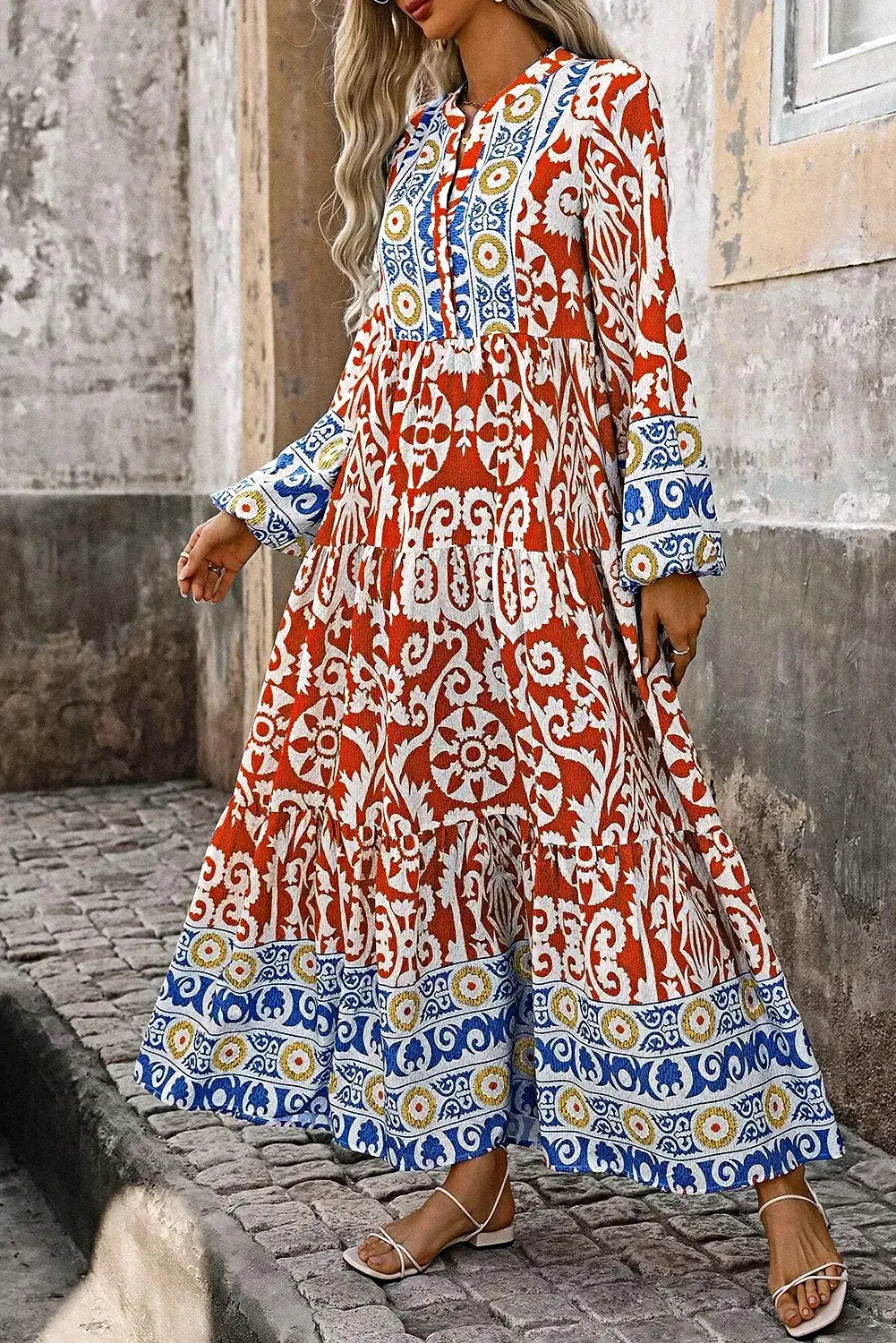 Elegant Printed Maxi Dress with Notched Sleeves - 100% Polyester, Opaque, Basic Style Trendsi