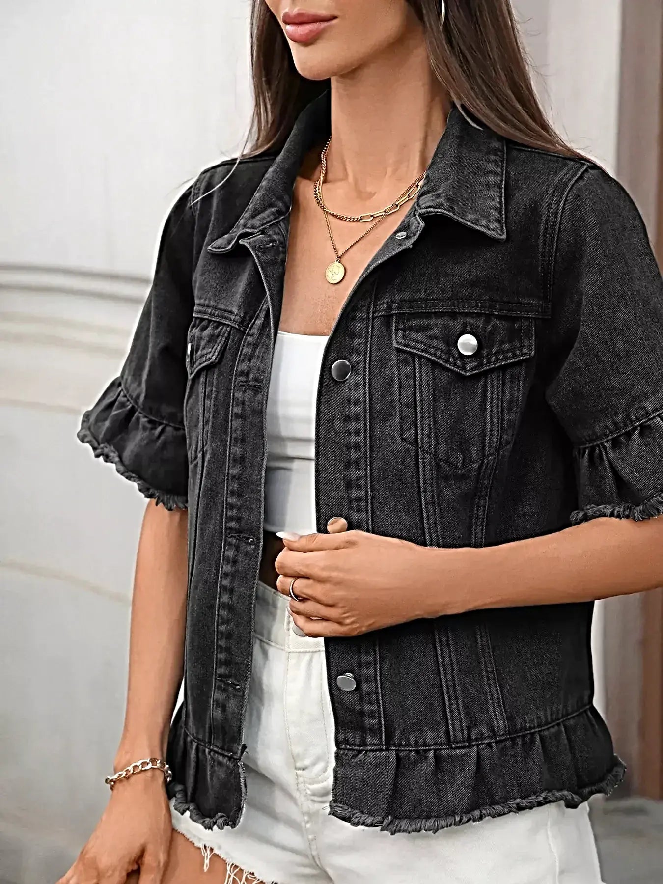Chic Raw Hem Button Up Denim Jacket with Ruffled Details - Trendy Fashion for Every Occasion -