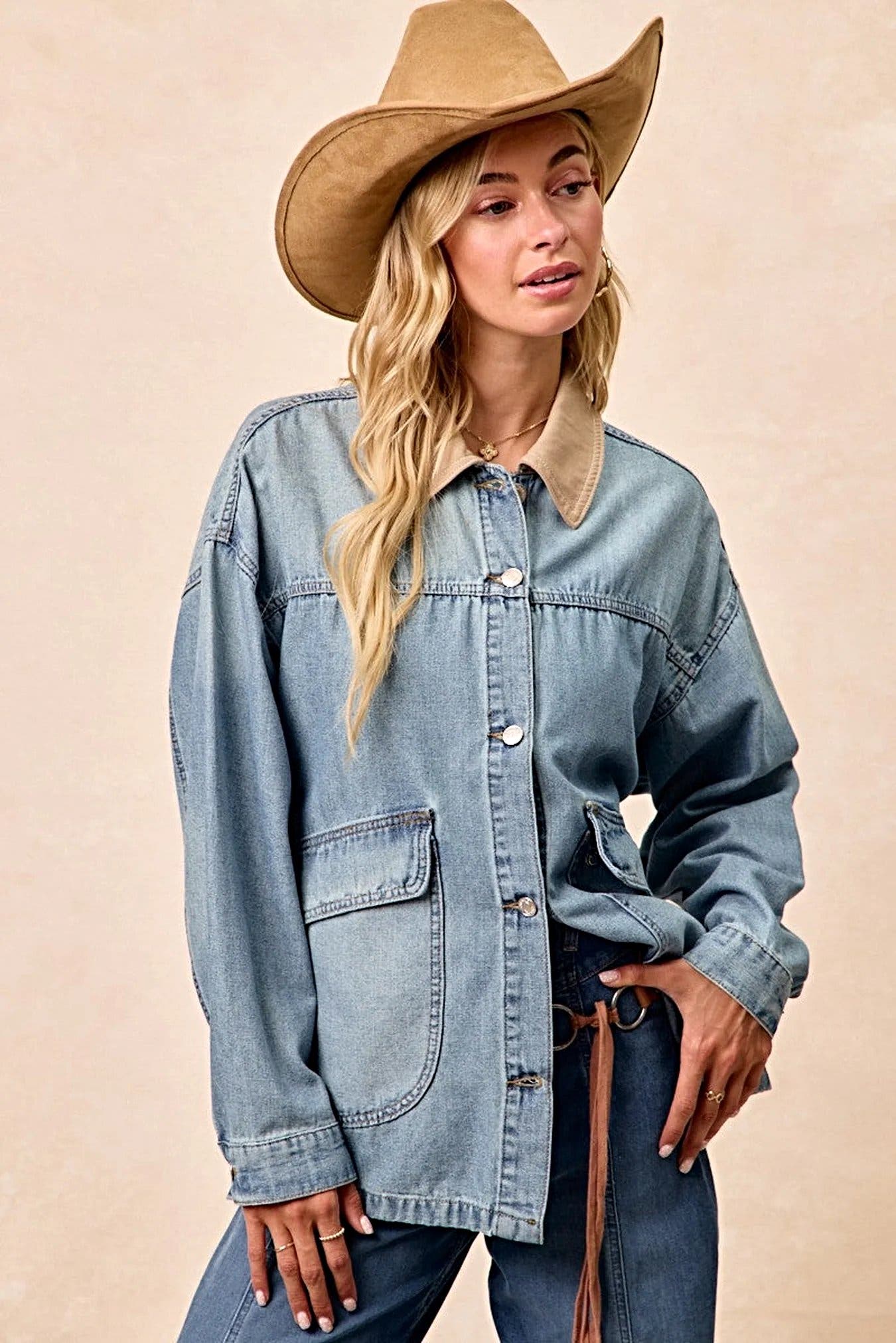 BiBi Washed Denim Jacket with Contrast Collar Detail -