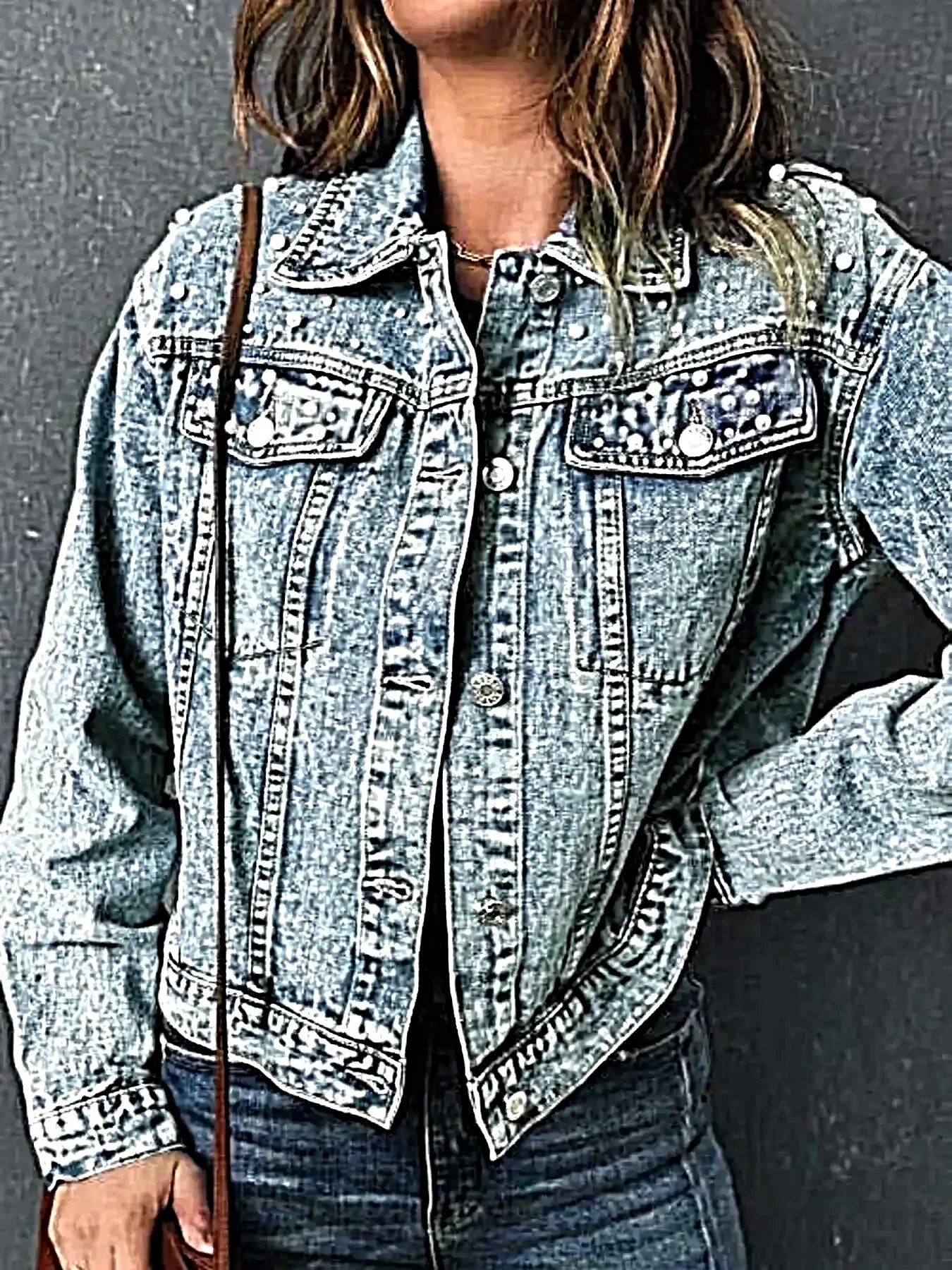 Full Size Pearl Detail Button Up Long Sleeve Denim Jacket Plus Size -