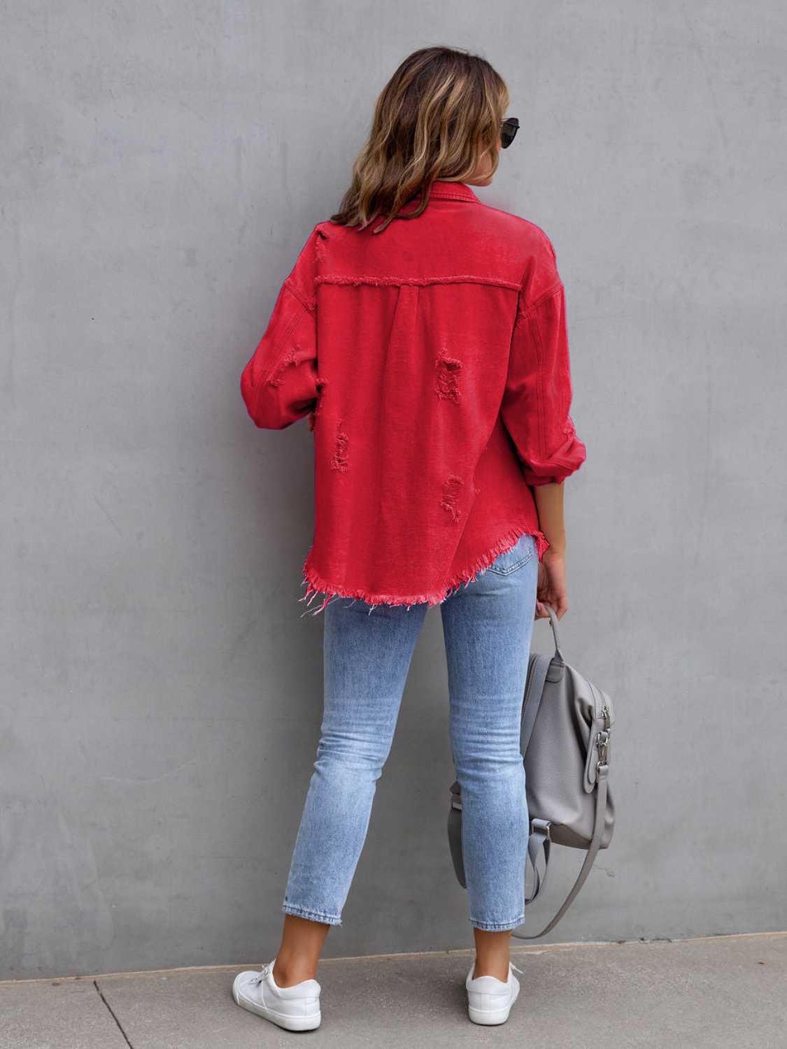 Distressed Drop Shoulder Denim Jacket -