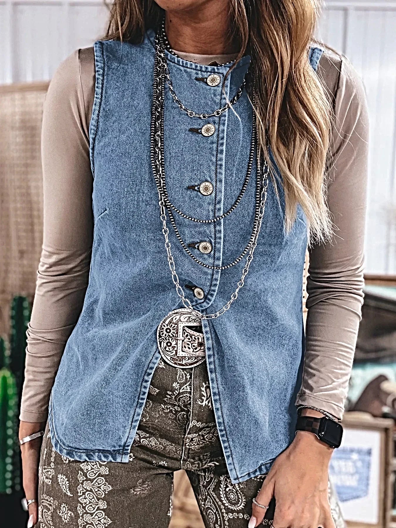 Buttoned Front Slit Denim Vest -