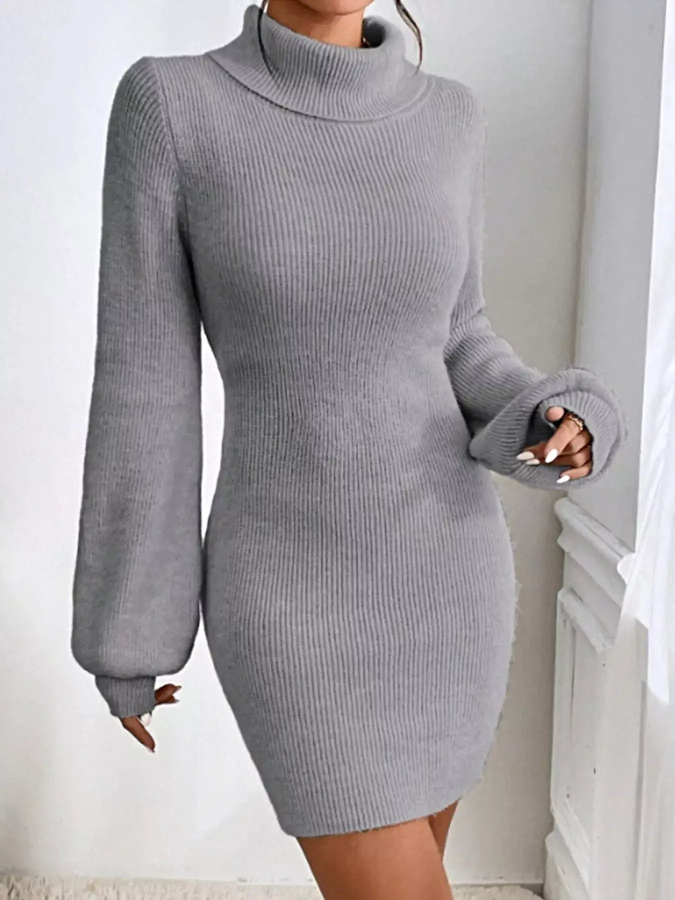 Women's Ribbed Turtleneck Sweater Dress - Stretch Knit For Elegant Cold-Weather Style -