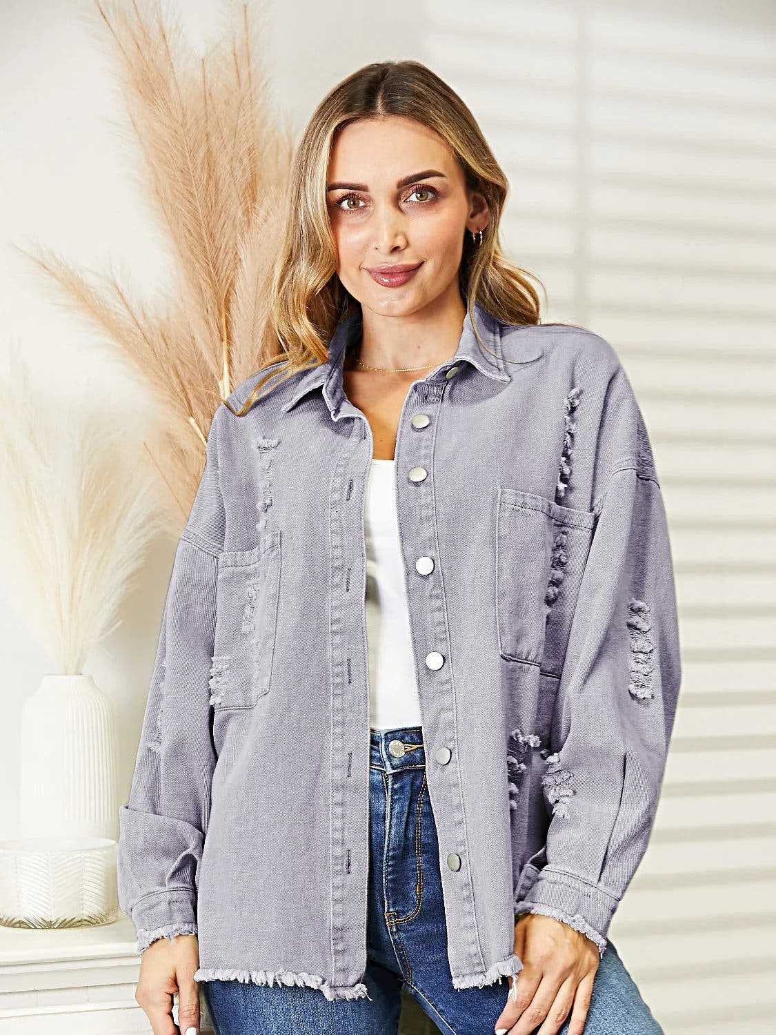 Distressed Raw Hem Denim Jacket -