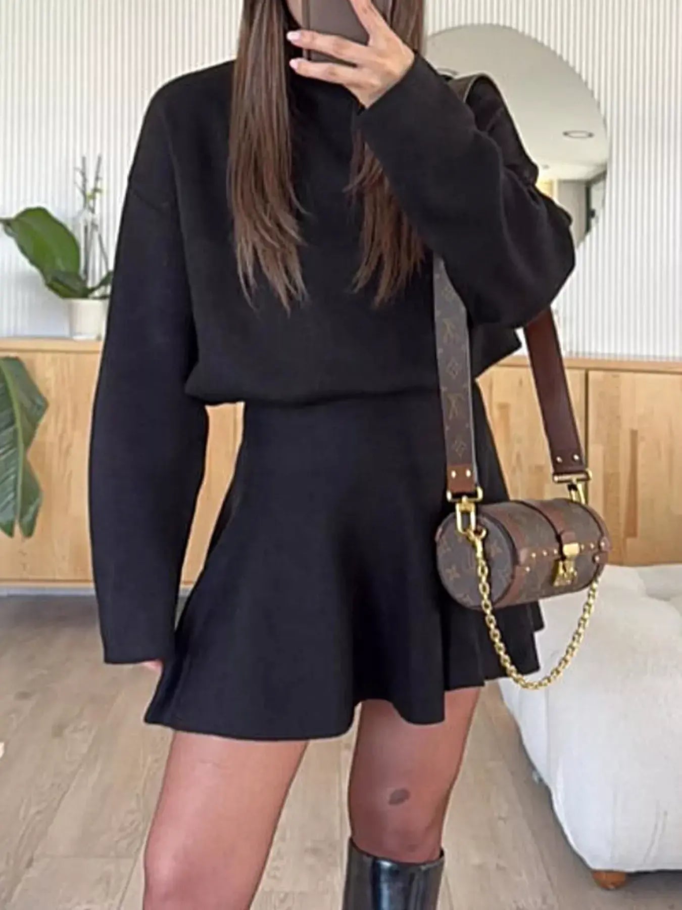 Round Neck Long Sleeve Mini Sweater Dress -