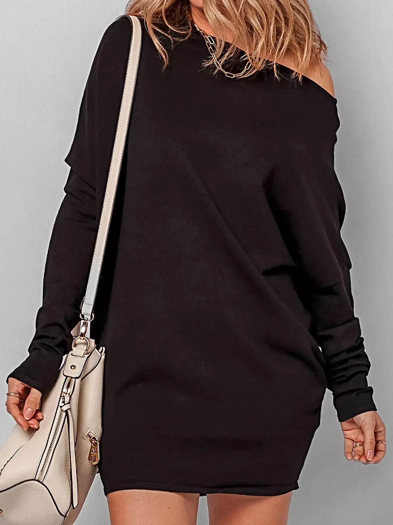 Asymmetric Neck Batwing Sleeve Shift Mini Sweater Dress -