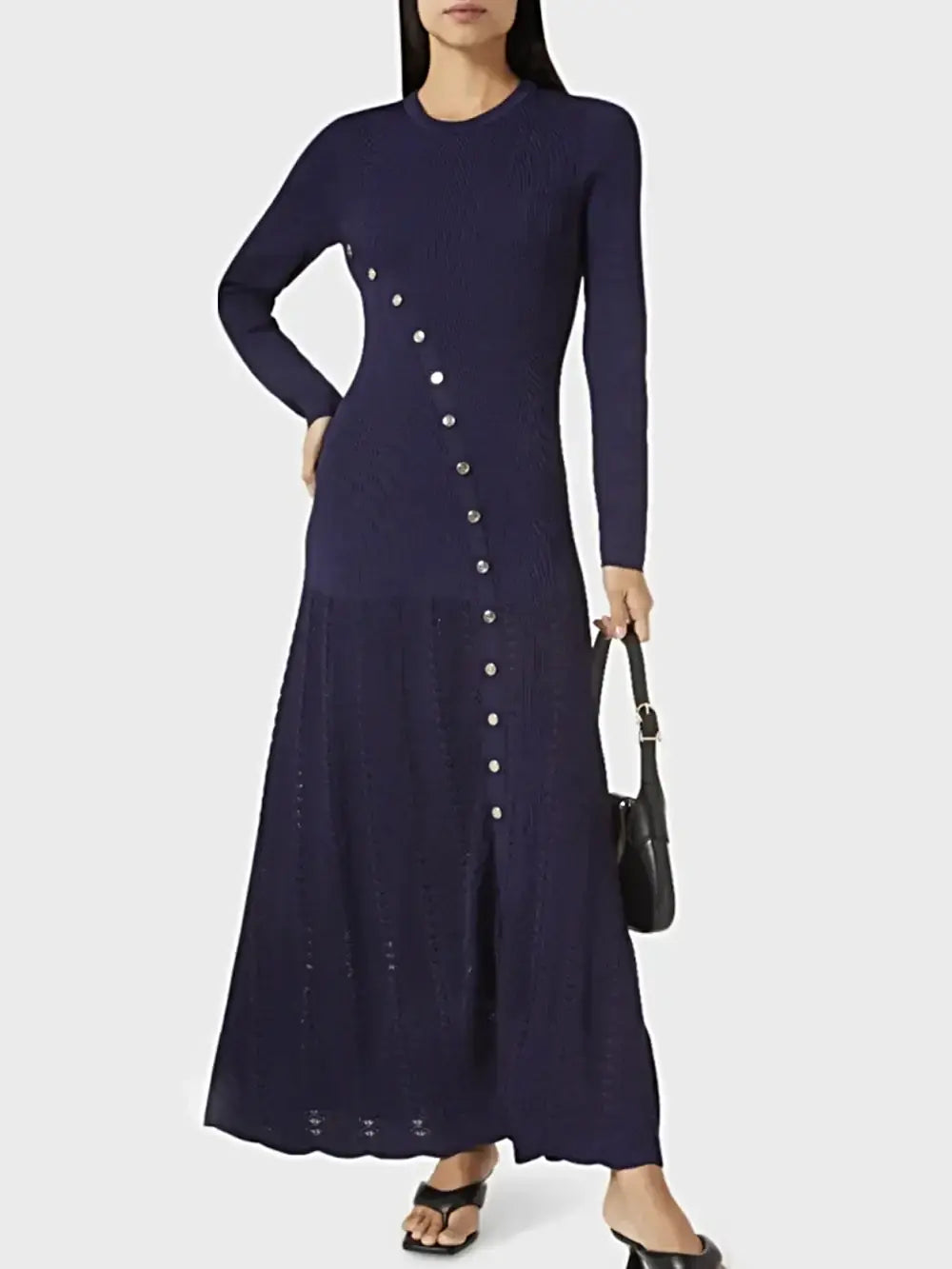 Openwork Round Neck Long Sleeve Sweater Dress -