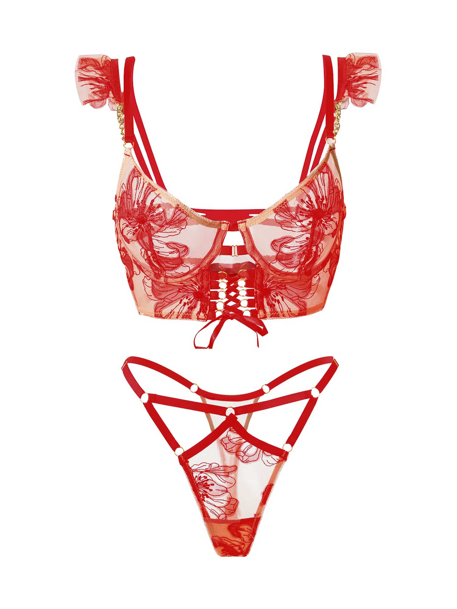 Luxury Red Lace Lingerie Set displayed on a model, highlighting the adjustable shoulder straps and flattering design.