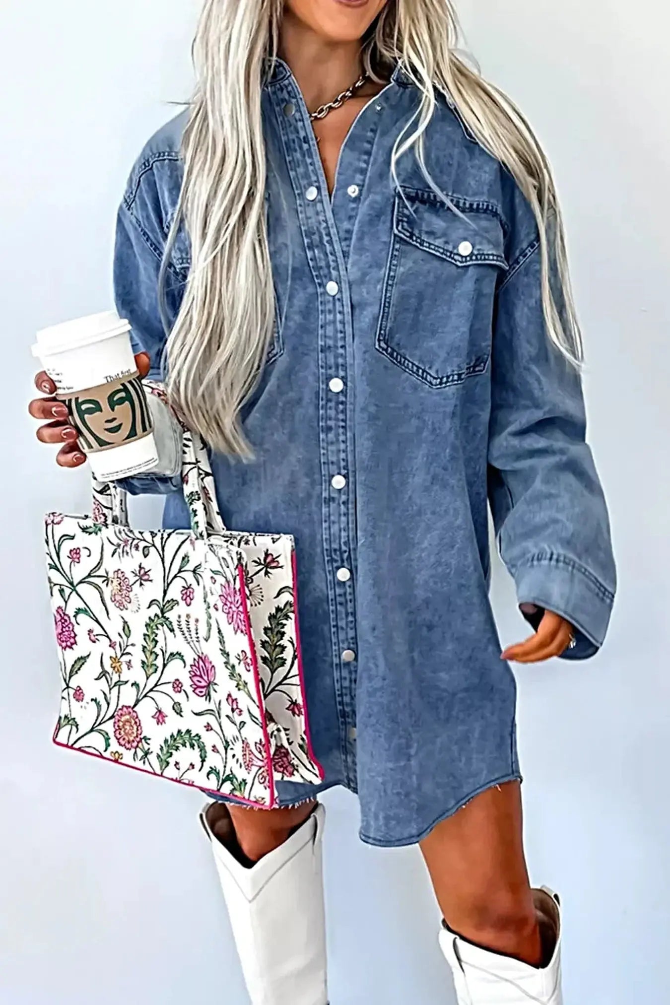 Vintage Wash Button-Down Denim Dress -