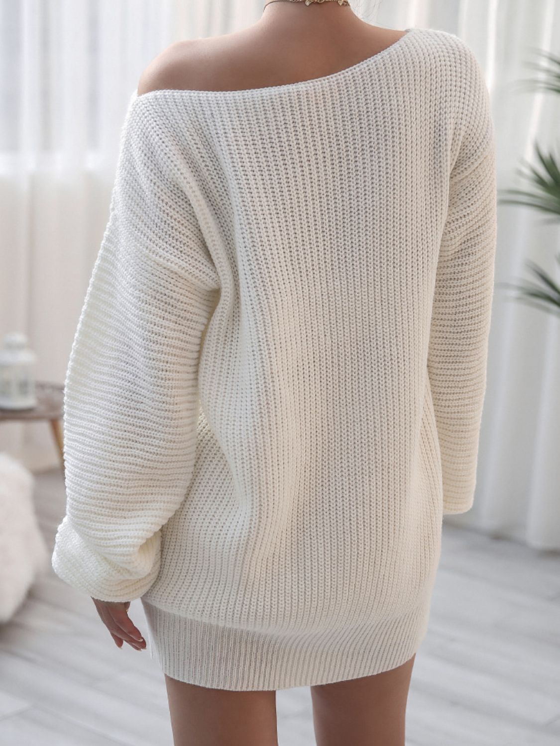 Balloon Sleeve Boat Neck Sweater Mini Dress -