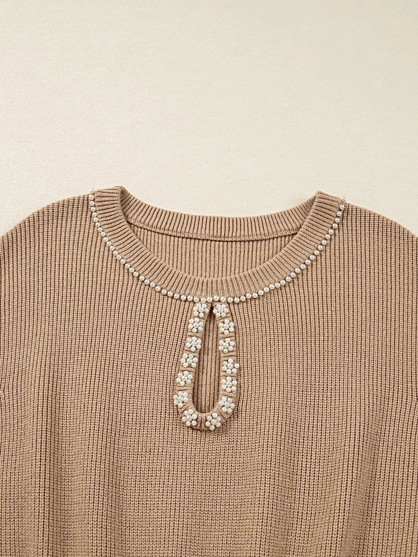 Pearl Embellished Keyhole Ribbed Sweater Dress -