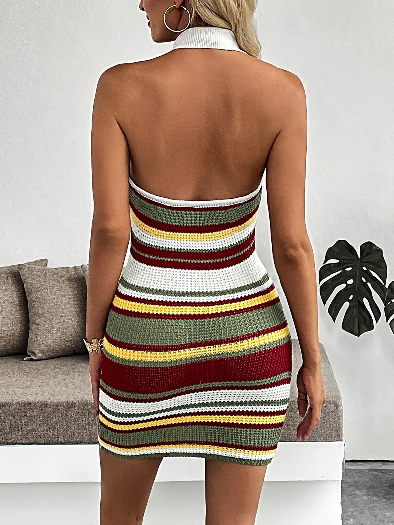 Multi-Color Striped Halter Neck Knit Sweater Dress -