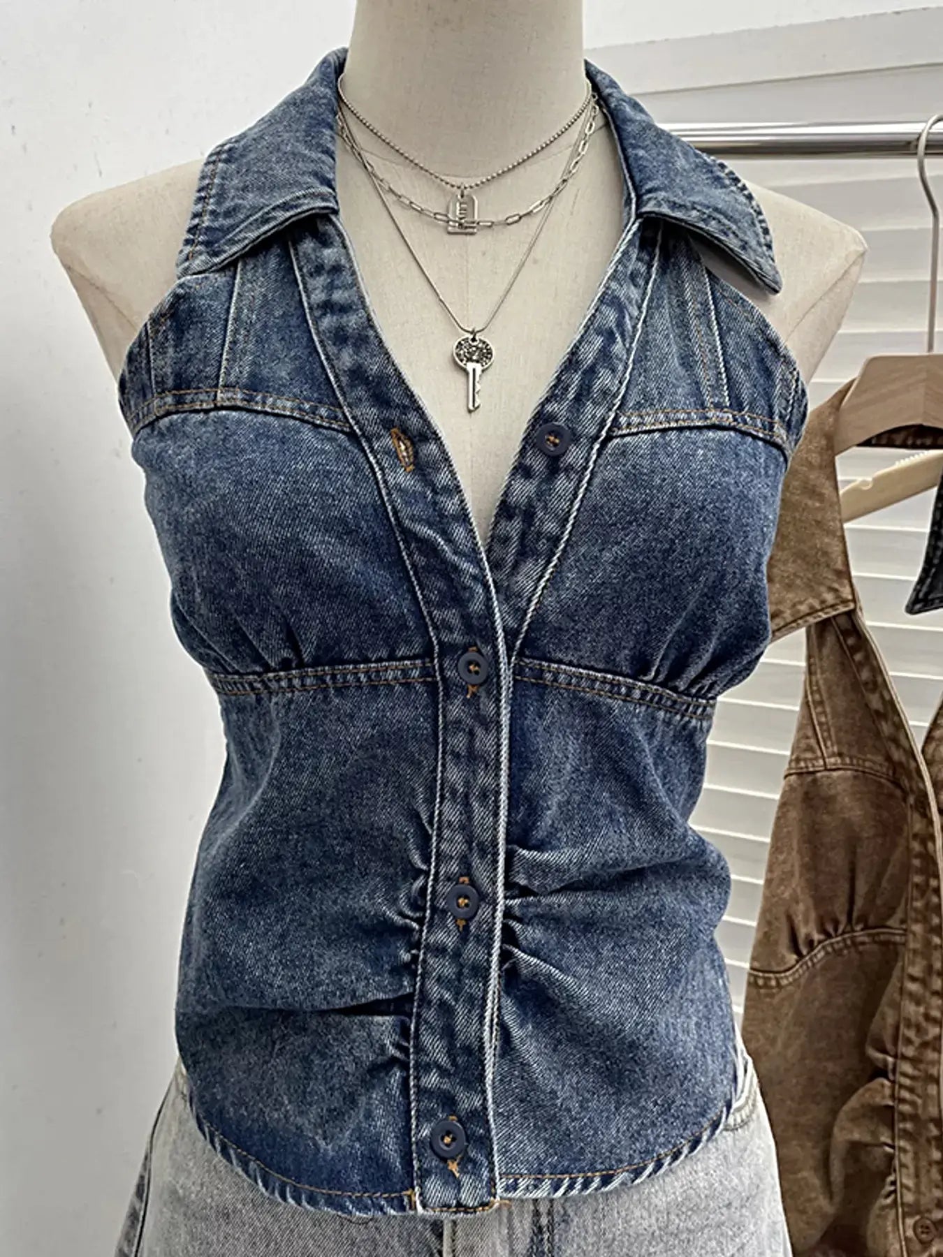 Smocked Denim Halter Collar Top -