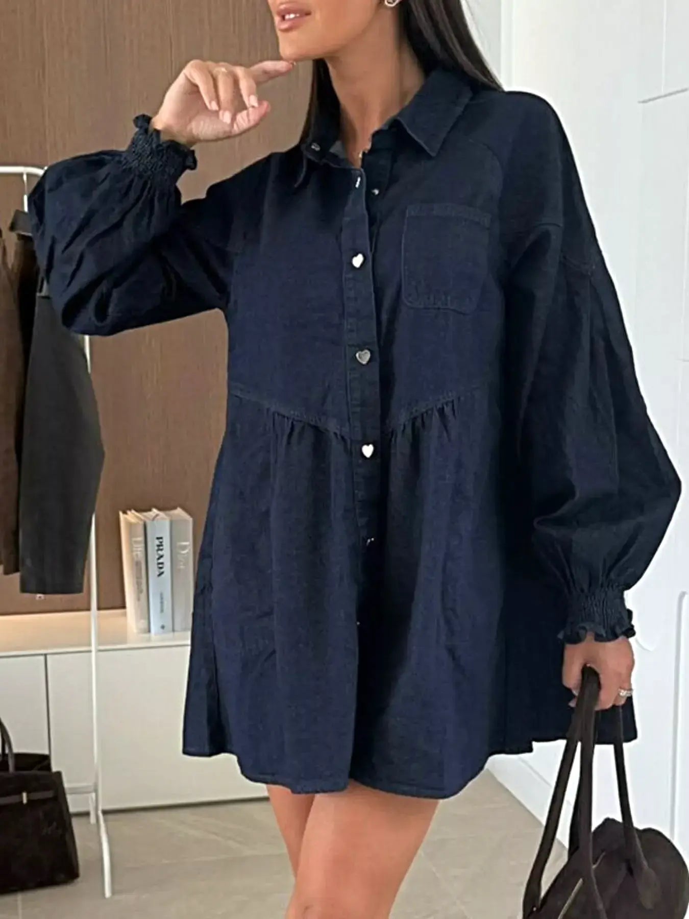 Button Down Mini Denim Dress with Front Pockets -