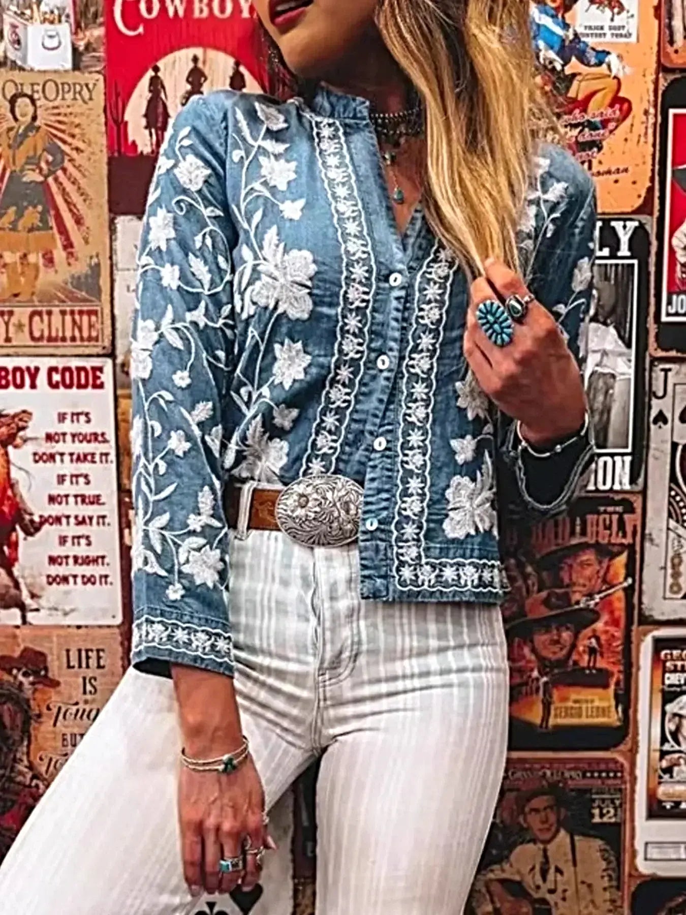 Floral Embroidered Button Up Denim Shirt