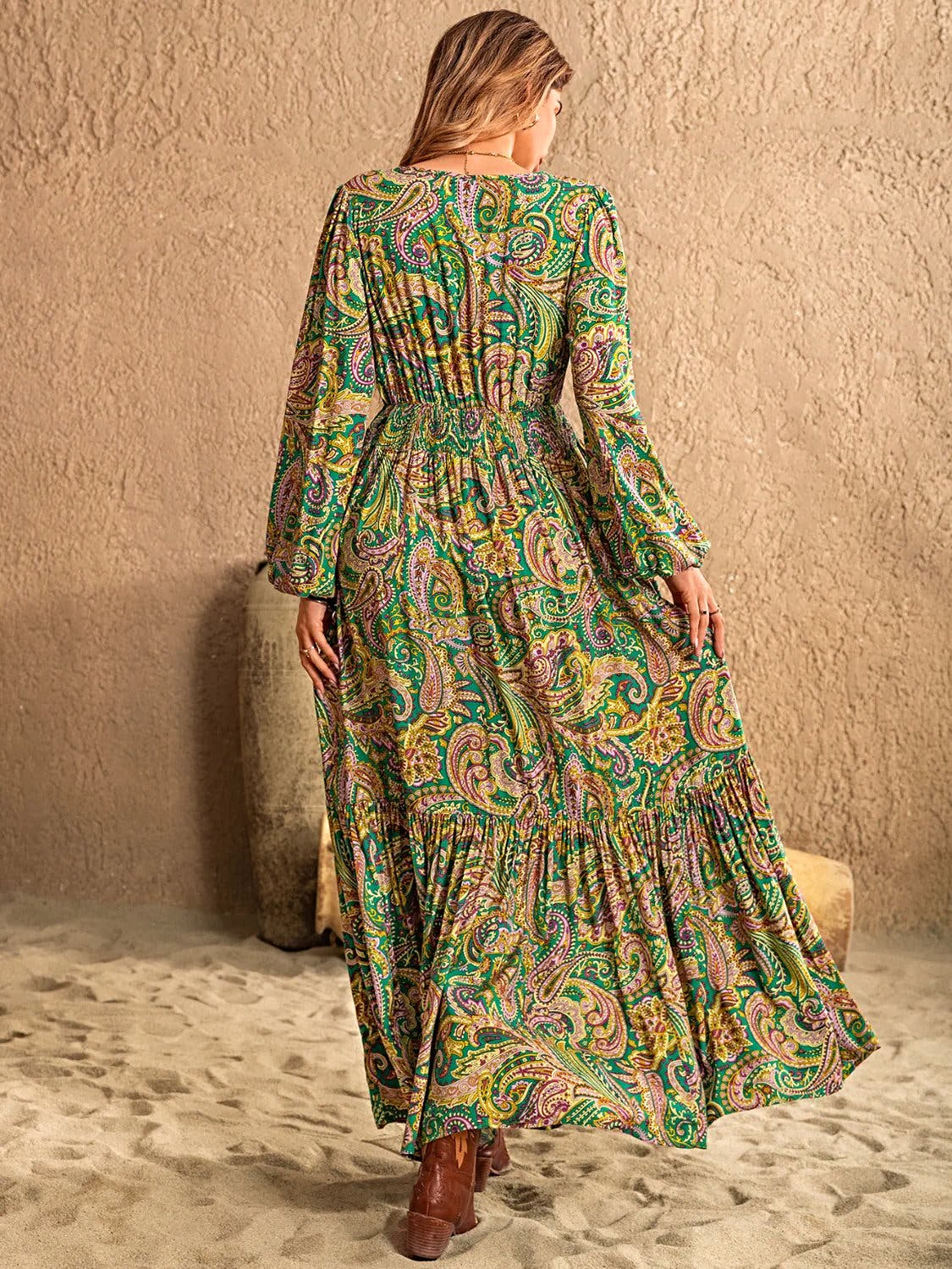 Printed Tie Neck Long Sleeve Dress -