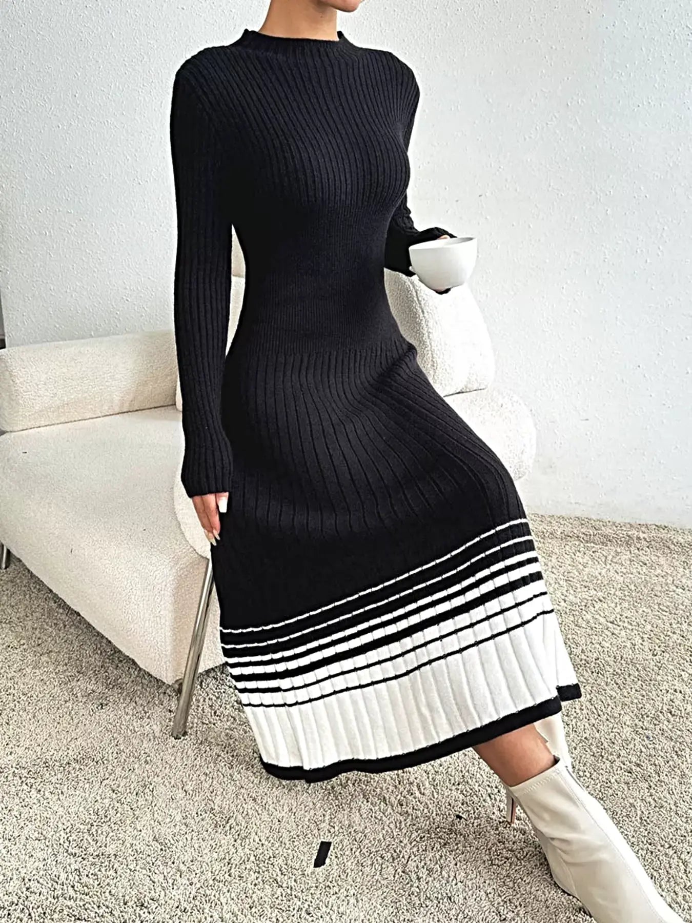 Ribbed Knit Sweater Dress with Striped Hem -