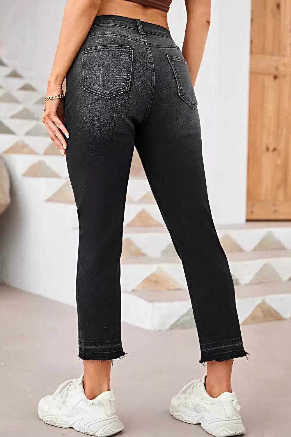 High-Waisted Distressed Hem Straight Leg Jeans -