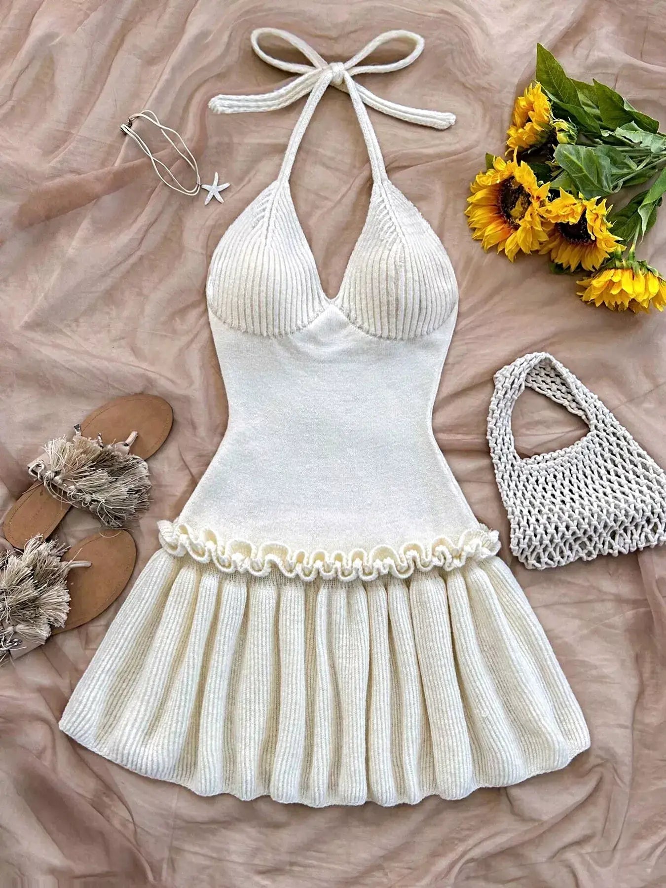 Halter Neck Ruffle Hem Knit Sweater Dress -