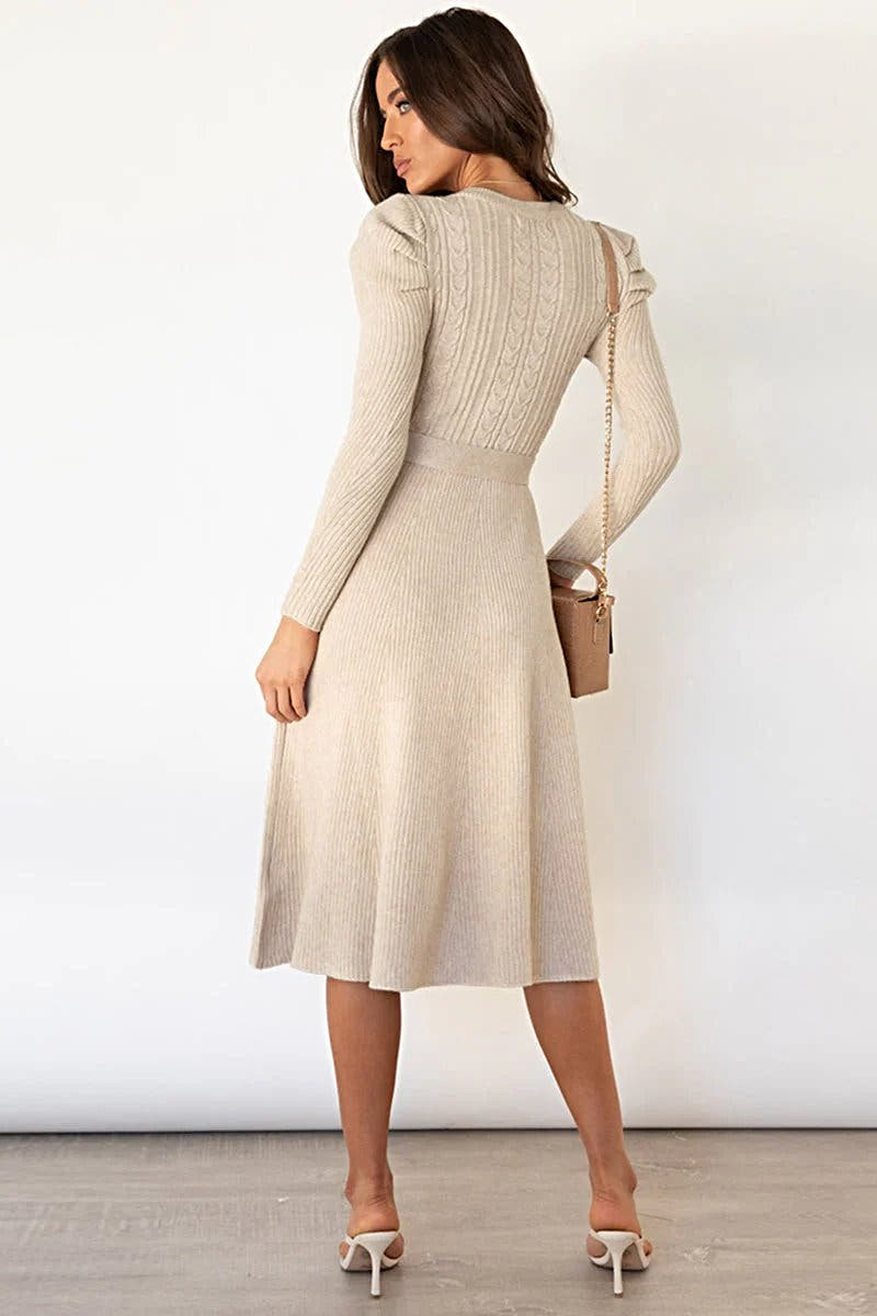 Luxury Tie Waist Sweater Dress with Round Neck and Long Sleeves - Highly Stretchy, Opaque Fabric Trendsi