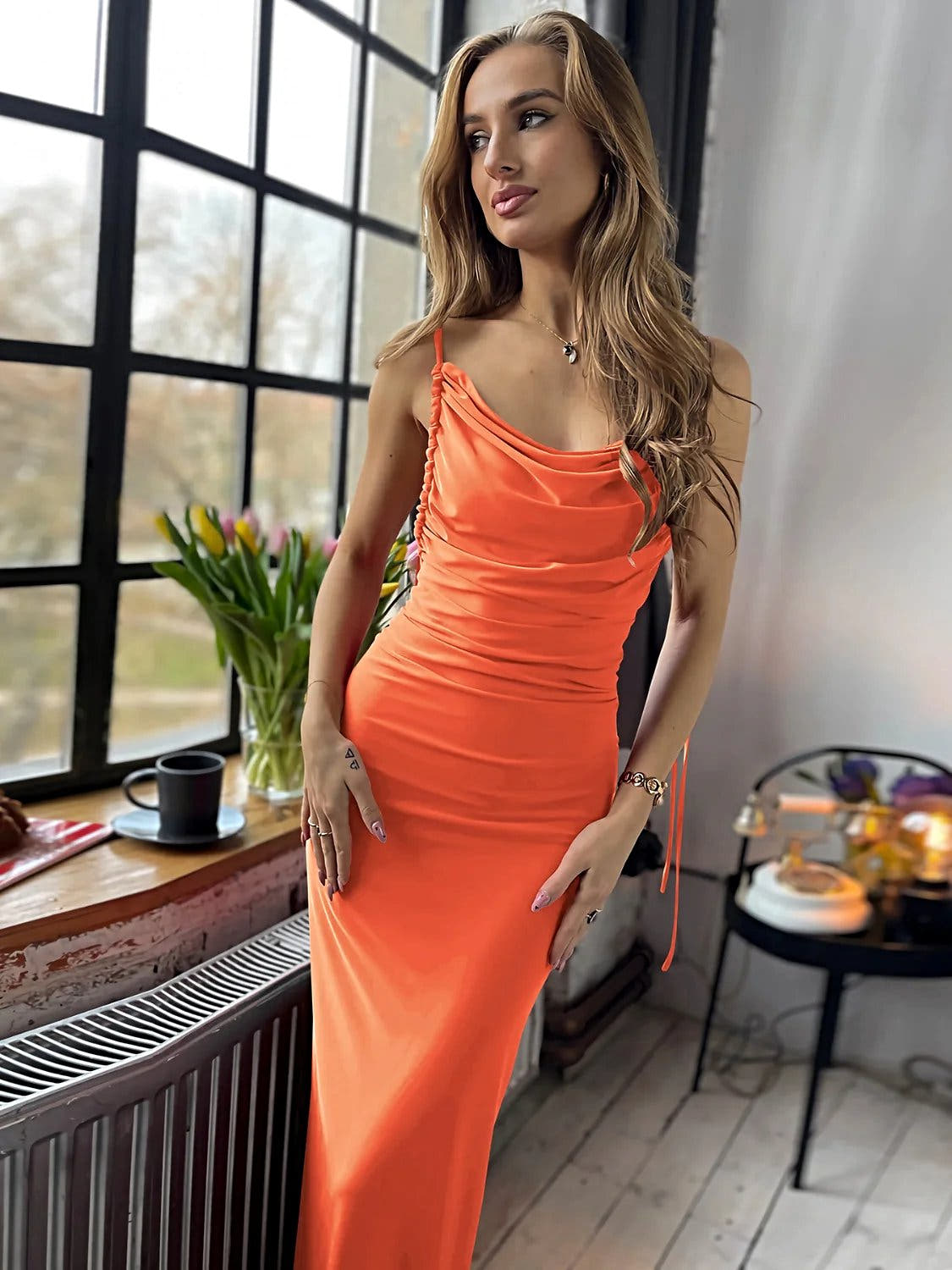 Backless Cowl Neck Sleeveless Cami Dress -