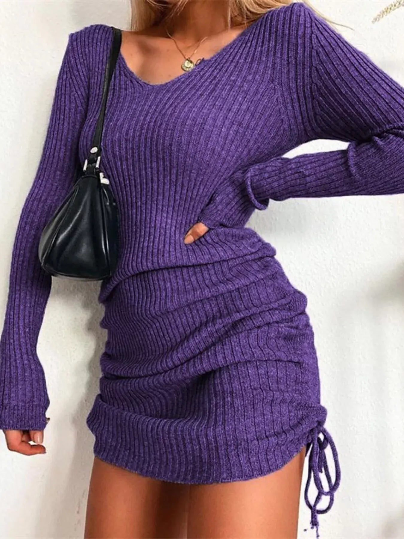 Full Size Ribbed Knit Drawstring Bodycon Sweater Dress Plus Size -