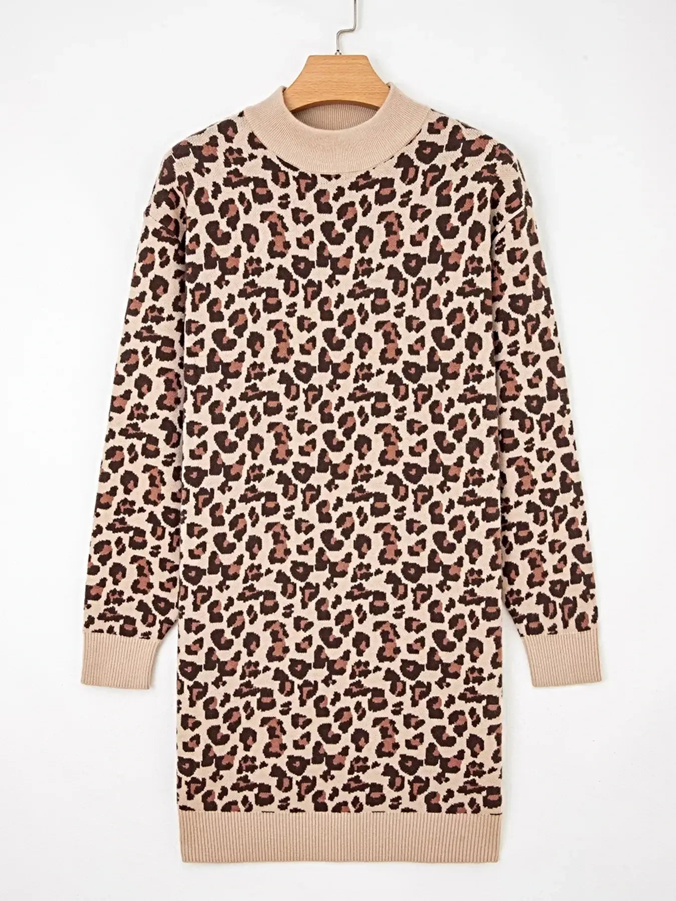 Leopard Print High Neck Shift Mini Sweater Dress -