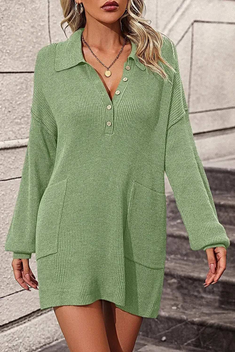Collared Neck Long Sleeve Sweater Dress with Pockets -