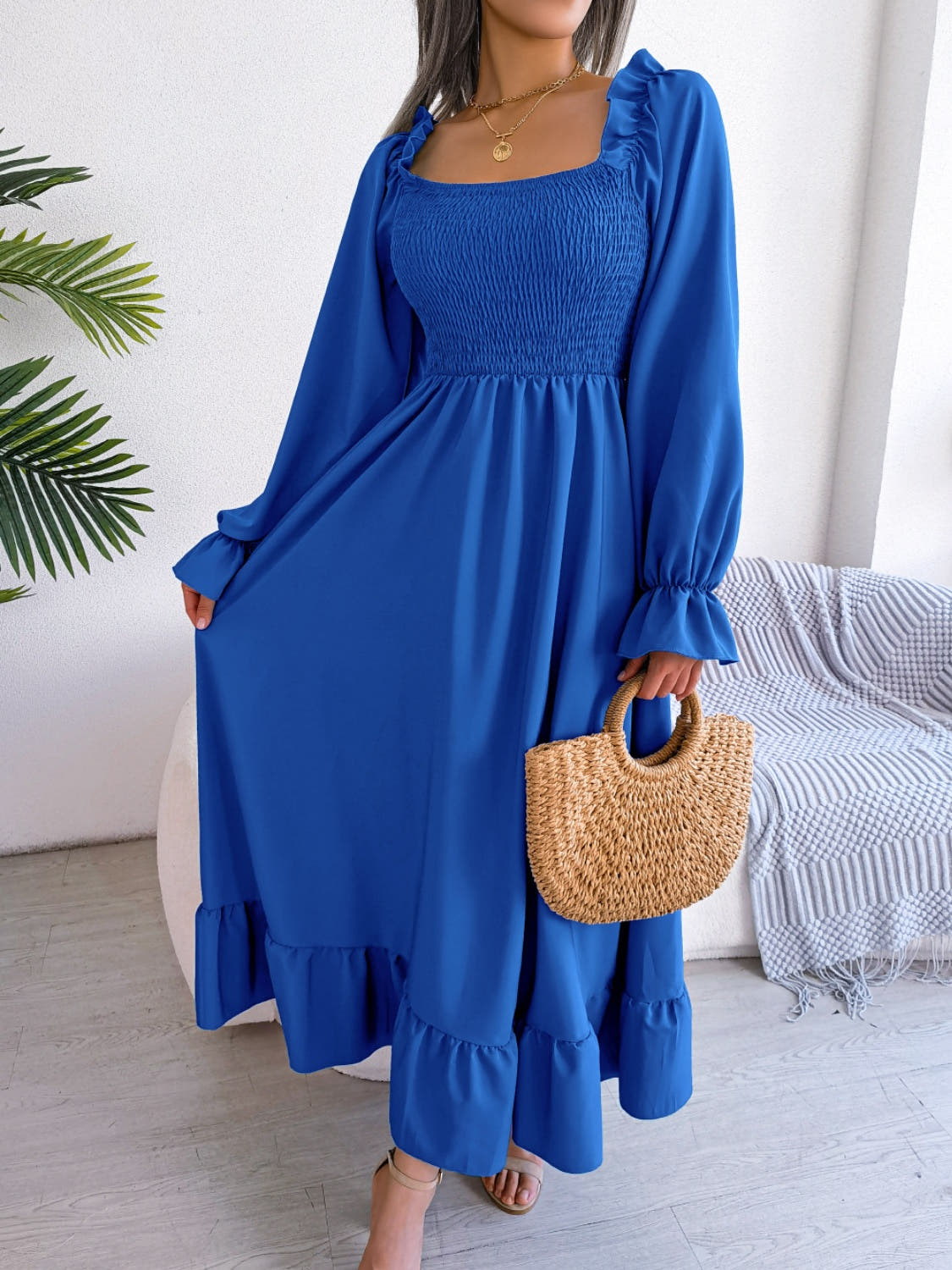 Smocked Square Neck Flounce Sleeve Dress -