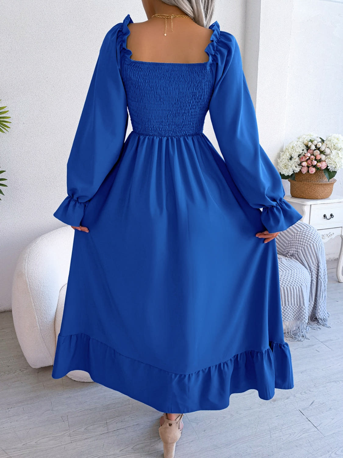 Smocked Square Neck Flounce Sleeve Dress -